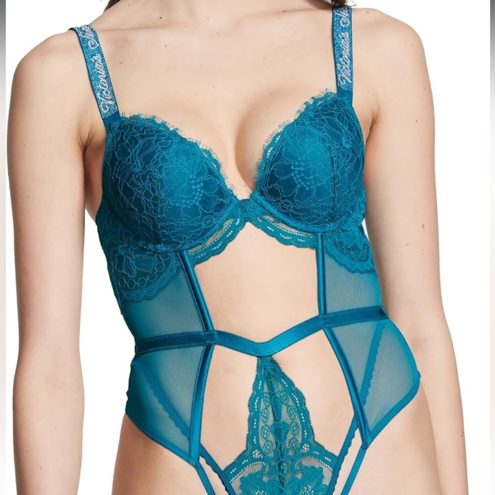 Victoria's Secret Padded Rhinestone Straps Lace Teddy Bodysuit  Teal  XL NWT